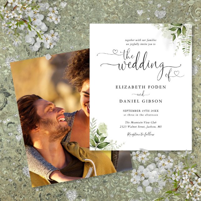 Faire-Part de Mariage Photo Script Végétalie Écono (Budget Greenery Script Photo Wedding Invitation)