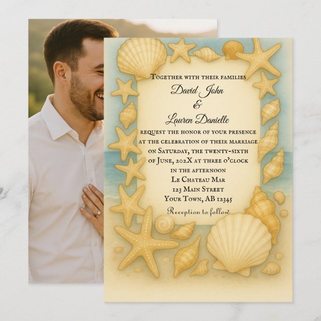 Faire-part de mariage photo Seaside Shells (Devant / Derrière)
