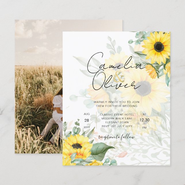 Faire-part de mariage photo Sunflower moderne (Devant / Derrière)
