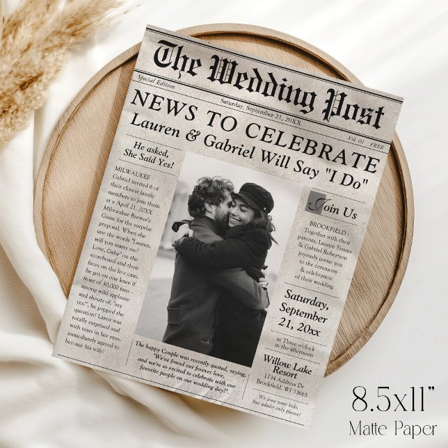 Faire-Part de Mariage Photo sur Papier de Journal  (The Wedding Post modern trendy black and white multi-photo newspaper style 8.5x11 wedding invitation)