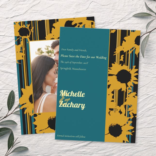 Faire-part de mariage photo tournesol sarcelle ble (Créateur téléchargé)