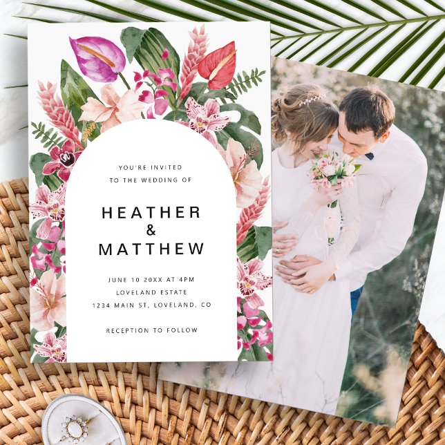 Faire-part de mariage photo tropical coloré (Colorful Tropical Floral Photo Wedding Invitation by Painted Paperie
)