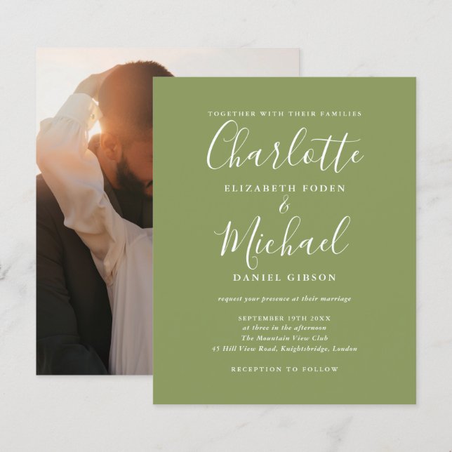 Faire-part de mariage photo vert mousse Budget (Devant / Derrière)