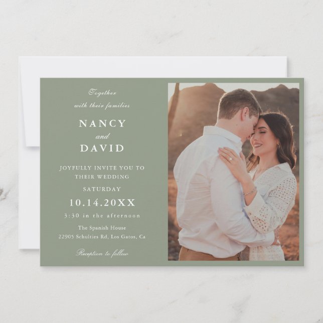 Faire-part de mariage photo vert sauge moderne (Devant)