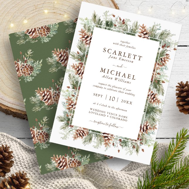 Faire-part de mariage Pin de l'hiver (Winter Outdoors Watercolor Pine Greenery Wedding Invitation by Painted Paperie
)