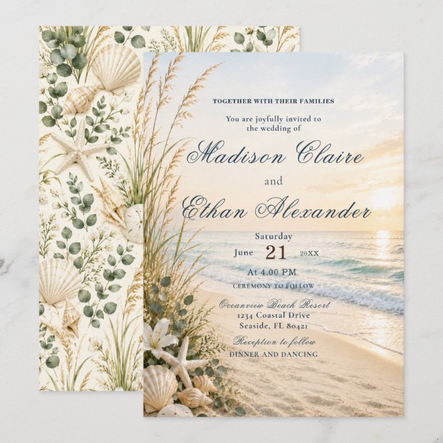 Faire-part de mariage plage bord de mer (Devant / Derrière)