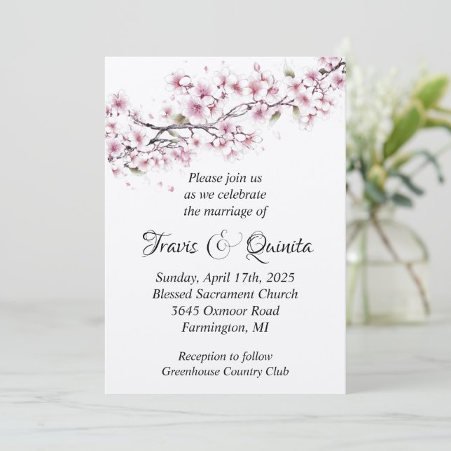 Faire-part de mariage plat en fleurs de cerisier (Debout devant)