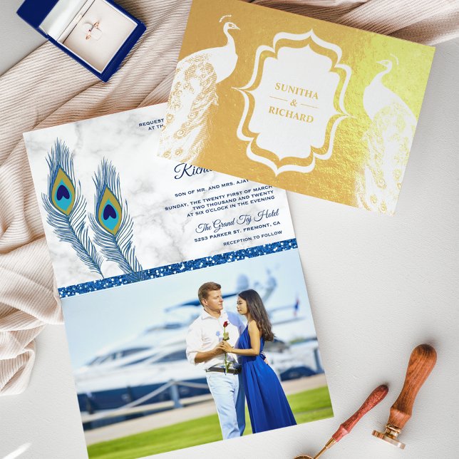 Faire-part de mariage plumes de paon bleu feuille  (Créateur téléchargé)