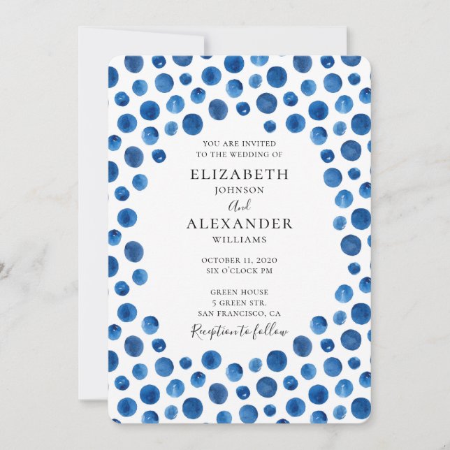 Faire-part de mariage pois bleu. Invitation de mar (Devant)