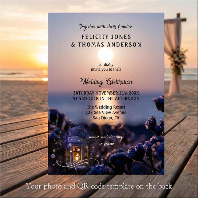 Faire-part de mariage pour un coucher de soleil cô (Wedding invitation featuring a sunset at the ocean with a festive lantern with sparkling lights)