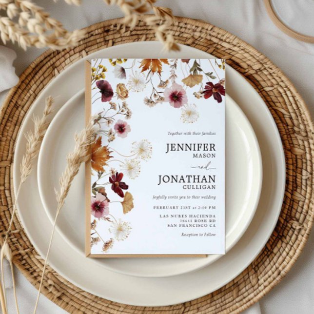 Faire-part de mariage pour un jardin de fleurs sau (Burgundy Fall Wildflower Wedding Invitation)