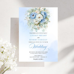 Faire-part de mariage poussiéreux bleu blanc pivoi