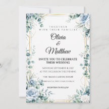 Faire-part de mariage poussiéreux bleu floral or