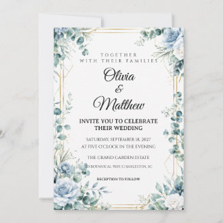 Faire-part de mariage poussiéreux bleu floral or