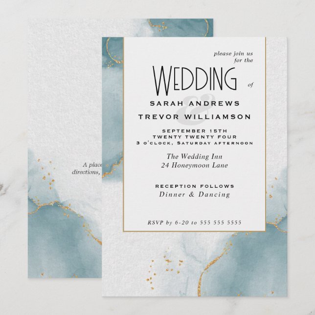 Faire-part de mariage poussiéreux bleu or Budget (Devant / Derrière)