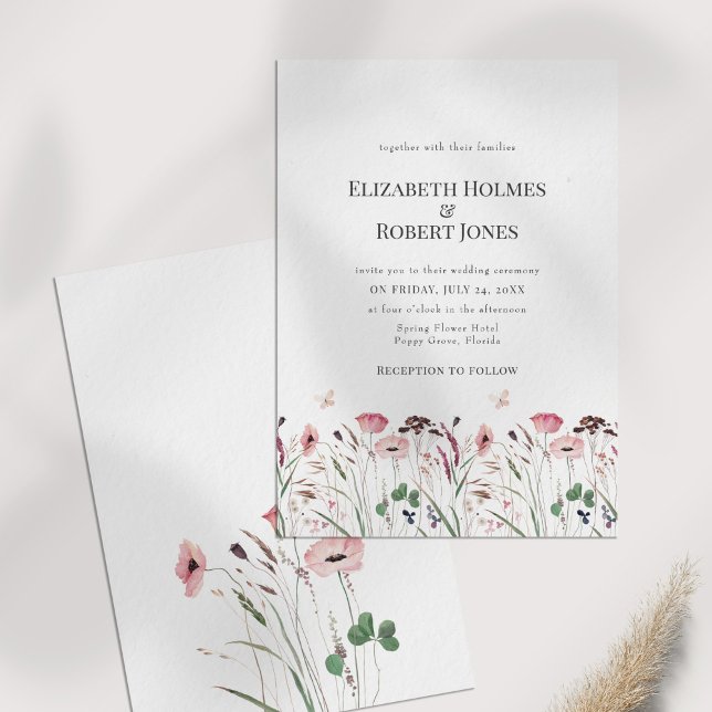 Faire-part de mariage Prairie de coquelicots roses (Pink Poppy Meadow Wedding Invitation on a table)