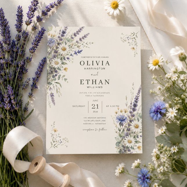 Faire-part de mariage Prairie de fleurs sauvages (Elegant wildflower invitation beautifully styled with fresh blooms and soft natural light.)