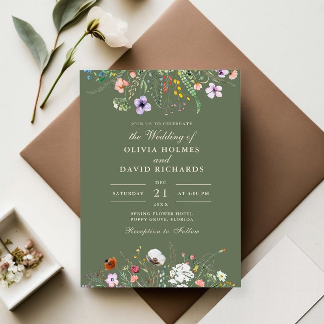 Faire-part de mariage Prairie de fleurs sauvages v (Sage Green Watercolor Wildflower Meadow Wedding Invitation on wedding table)