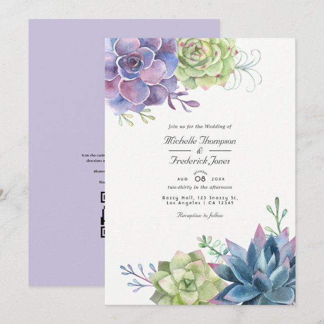 Faire-part de mariage QR Code Succulents Aquarelle (Devant / Derrière)
