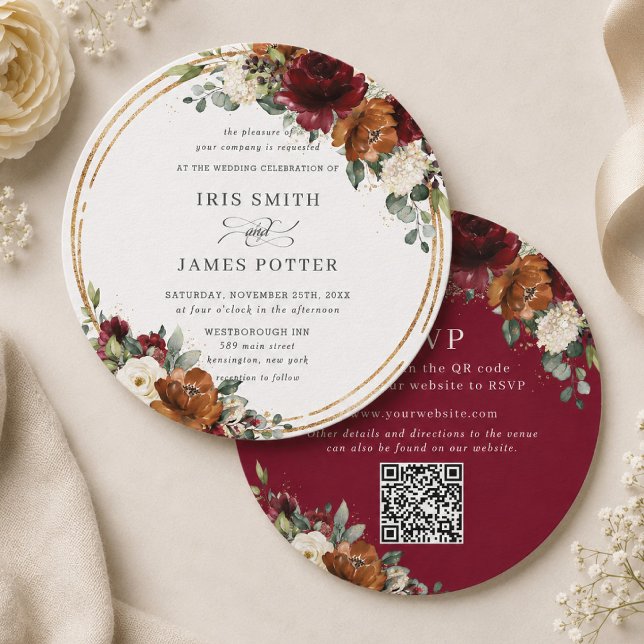 Faire-part de mariage QR Floral Vert Orange Bourgo (Créateur téléchargé)