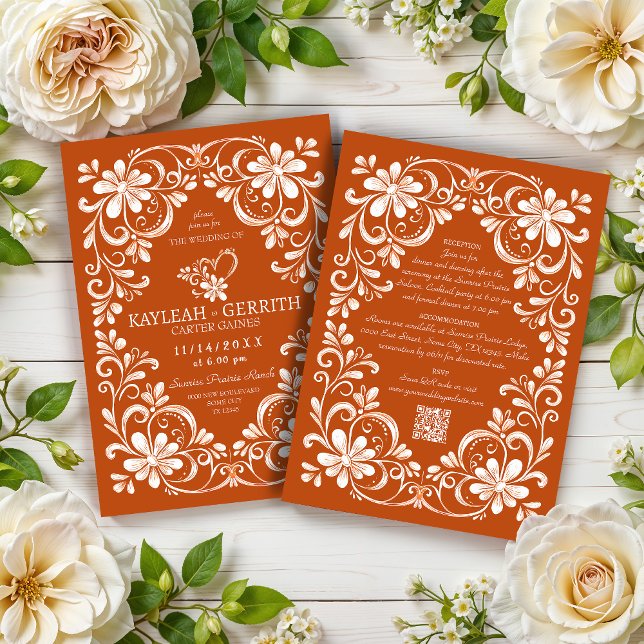 Faire-part de mariage QR Shabby Chic Orange foncé (Créateur téléchargé)