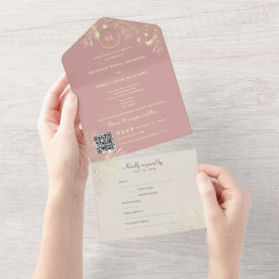 Faire-part de mariage QR tout-en-un ivoire rose po