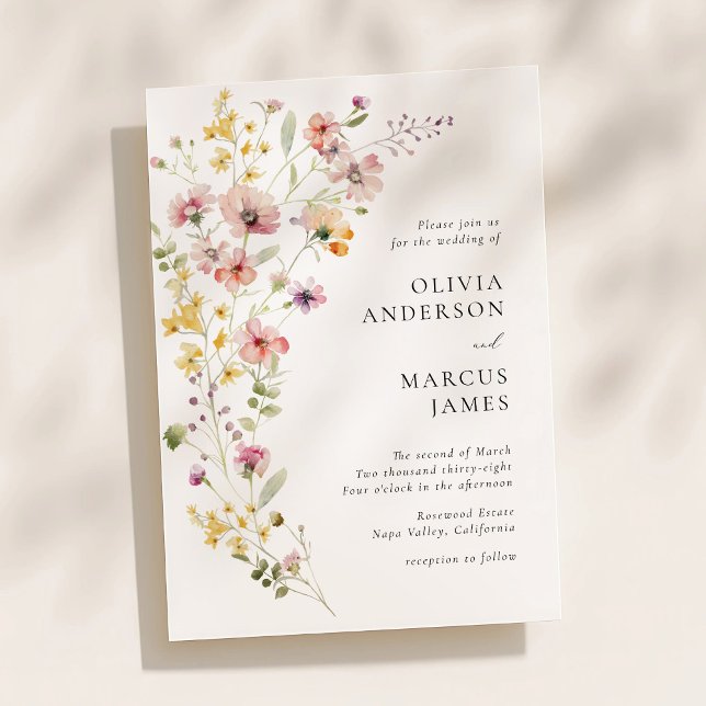 Faire-part de mariage raffiné aux fleurs sauvages  (Soft watercolor wildflower wedding invitation with elegant serif typography and airy floral layout)