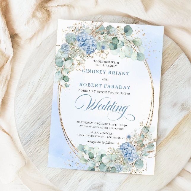 Faire-part de mariage raffiné bleu floral eucalypt (Refined Blue Floral Eucalyptus Wheat Wedding Invite)