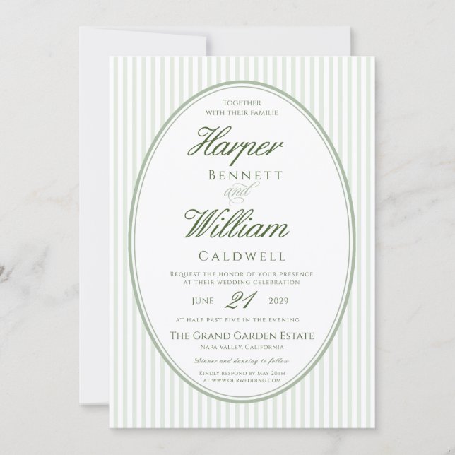 Faire-part de mariage rayé avec cadre ovale vert s (Devant)