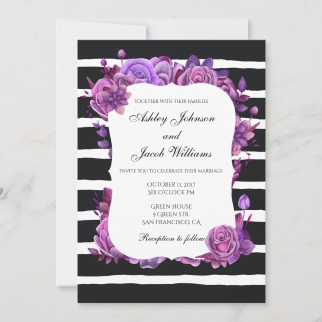 Faire-part de mariage rayé moderne. Fleurs violett (Devant)