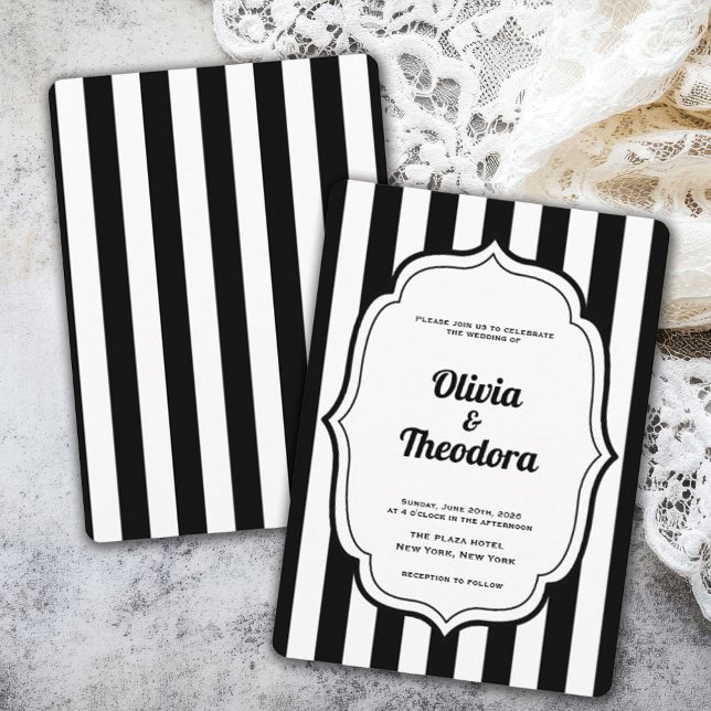Faire-part de mariage rayé moderne vintage (vintage modern elegant black and white stripe wedding invitation)