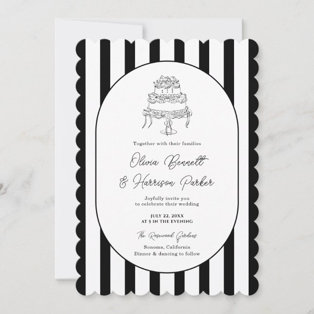 Faire-part de mariage rayé noir et blanc à bord fe (Devant)