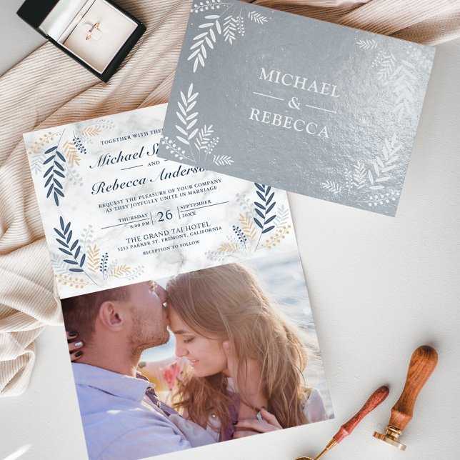 Faire-part de mariage Real Foil Dusty Blue Branch (Créateur téléchargé)