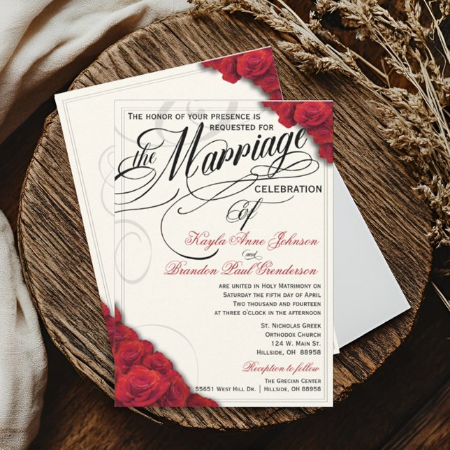 Faire-part de mariage Red Roses (Red Roses Classically Beautiful Script Wedding Invitation )