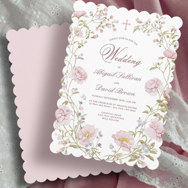Faire-part de mariage religieux avec cadre floral  (Créateur téléchargé)