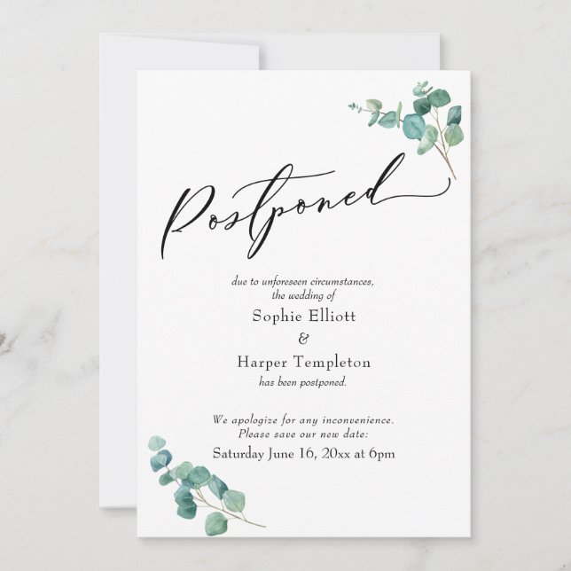 Faire-part de mariage reporté au parfum d'eucalypt (Devant)