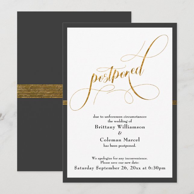 Faire-part de mariage reporté élégant gris et rayu (Devant / Derrière)