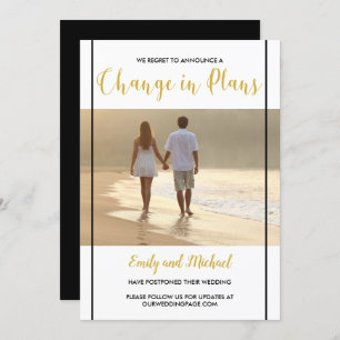 Faire-part de mariage reporté en noir et or avec p