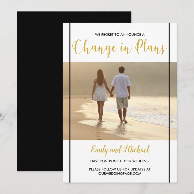 Faire-part de mariage reporté noir et or photo (Devant / Derrière)