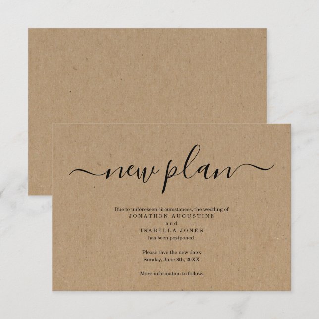 Faire-part de mariage reporté sur fond Kraft (Devant / Derrière)