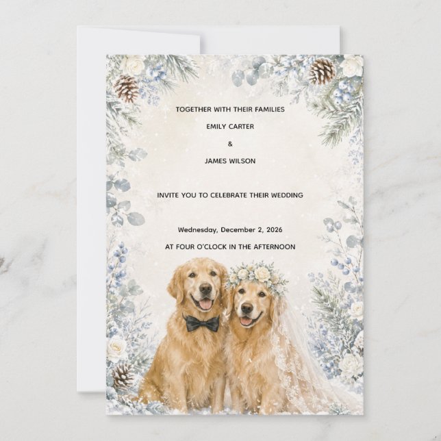 Faire-part de mariage Retriever doré Hiver enneigé (Devant)