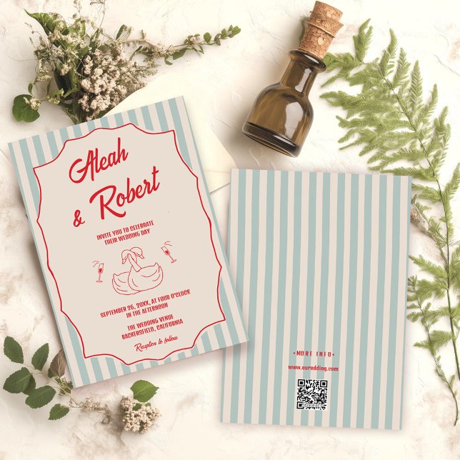 Faire-part de mariage rétro Code QR rayures bleues (Créateur téléchargé)