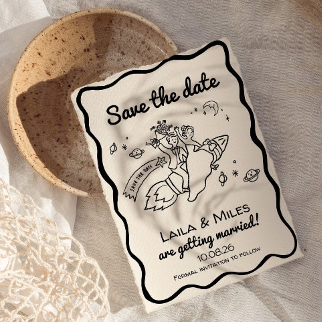 Faire-part de mariage rétro fusée fantaisiste à sa (hand drawn whimsical funky save the date wedding invitation.)