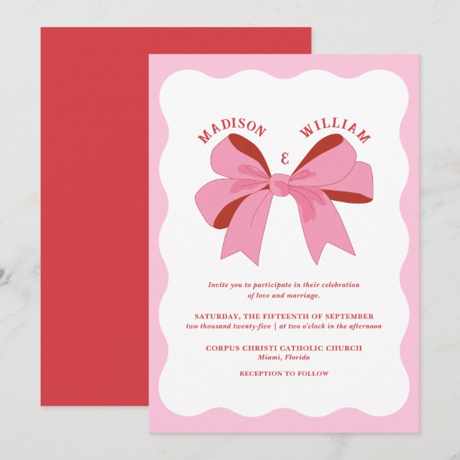 Faire-part de mariage rétro rouge rose (Devant / Derrière)