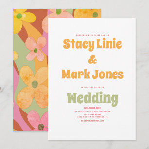 Faire-part de mariage rétro vintage floral groovy