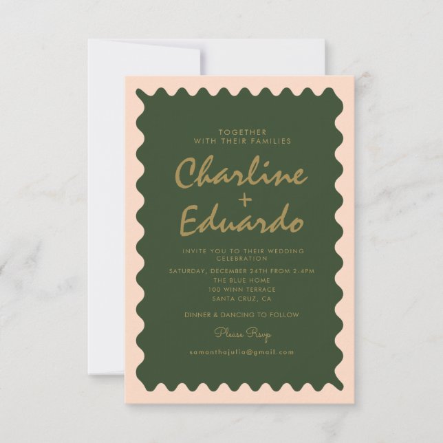 Faire-part de mariage Retro Wavy Green Peach Paste (Devant)