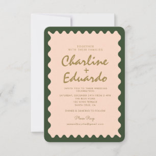 Faire-part de mariage Retro Wavy Green Peach Paste
