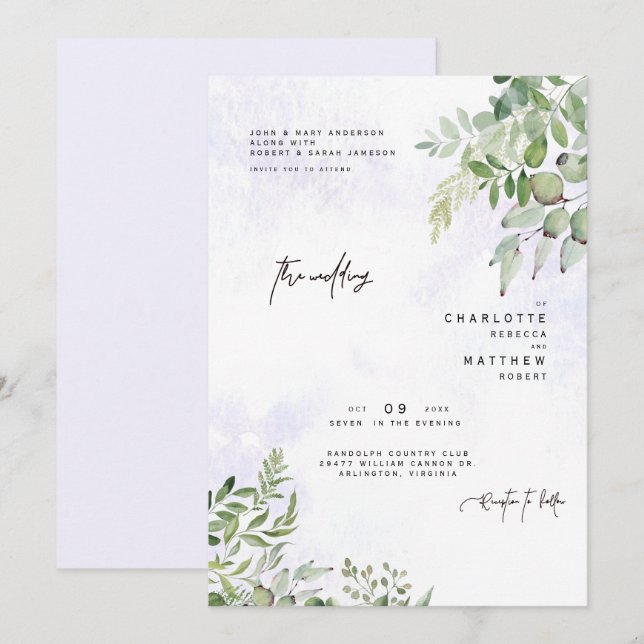 Faire-part de mariage Rêveur Lavande au Feuillage  (Devant / Derrière)