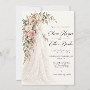 Faire-part de mariage robe de mariée florale rose