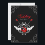 Faire-part de mariage Rock and Roll<br><div class="desc">Faire-part de mariage non conventionnelle sur rouge, blanc et noir avec un thème rock and roll avec illustration de guitares électriques, ailes et élégants ornements baroques vintages. Personnalisez-le avec vos propres informations ou cliquez sur "Customiser" si vous avez besoin de modifier la mise en page, les couleurs et le texte....</div>